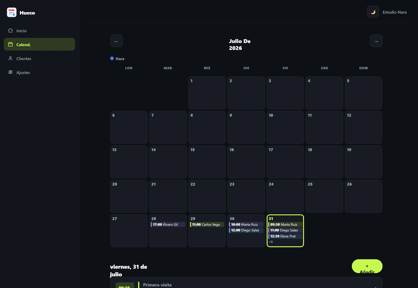 Vista de calendario de Hueco: la cuadrícula del mes con los días marcados y, debajo, el detalle del día elegido.